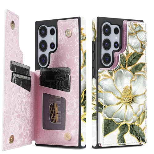 NNH Compatible with Samsung Galaxy S22 Ultra Wallet Case with RFID Blocking Card Slots Flip PU Leather Kickstand Double Magnetic Clasp Design Cover for Galaxy S22 Ultra(6.8 inch-Magnolia Flowers) - color: Magnolia Flowers, size: Galaxy S22 Ultra 6.8 inch
