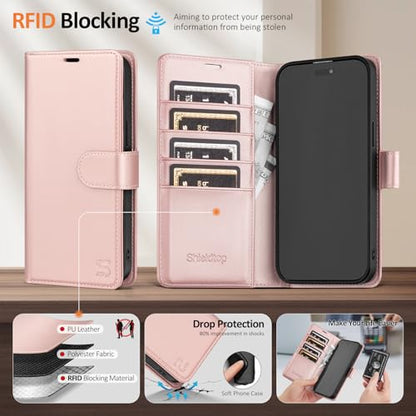 Shieldtop Compatible with MagSafe iPhone 17e / 16e Wallet Case,Rose Gold | 2 in 1 Detachable Magnetic,Credit Card Holder Slots,RFID Blocking,PU Leather,Kickstand,Flip Folio Phone Cover for Men & Women - color: Rose Gold