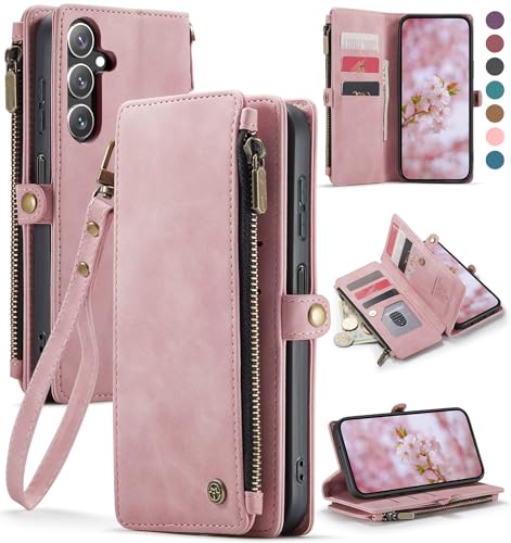 Defencase for Samsung Galaxy A15 5G Wallet Case with Card Holder, Rose Pink | Durable Soft PU Leather, with RFID Blocking Zipper Pocket & Wrist Strap, Flip Phone Cases Cover with Stand for Women and Men - color: Airy Rose Pink