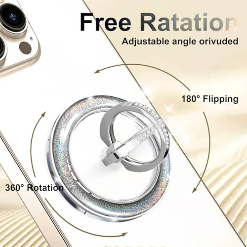 Silver Magnetic Phone Ring,Transparent Strong Magnet Phone Grip Holder,360°Adjustable & Removable Clear Glitter Laser Design Diamond Ring for Phones & Tablets - color: Clear Silver Glitter Diamond Laser