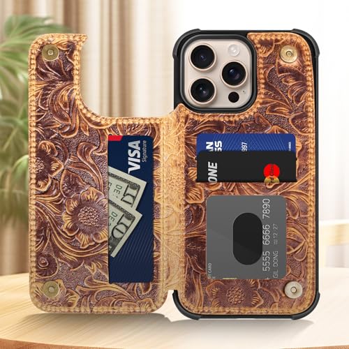 Wallet Real Leather Case Compatible with iPhone 14 Pro 6.1" Brown | Genuine Leather,Shockproof,Anti-Fall Case,Flip Cover,with Card Slot,Double Magnetic Buckle,Kickstand,RFID Blocking Brown - color: Brown, size: 6.1"-14 Pro