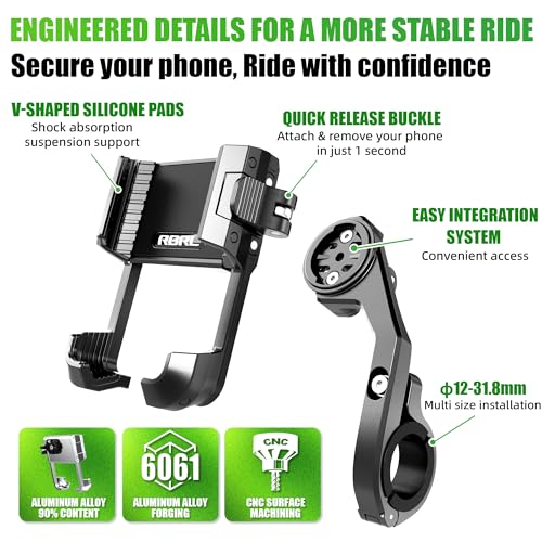 RBRL Bike Phone Mount,1s Quick-Lock Bicycle Handlebar Phone Holder,CNC Machined & Forged Aluminum for Ultimate Stability,Anti-Shake V-Shape Clamp for Ebike,No Camera Block,Fits 4.7–7.2" Phones - color: handlebar mount