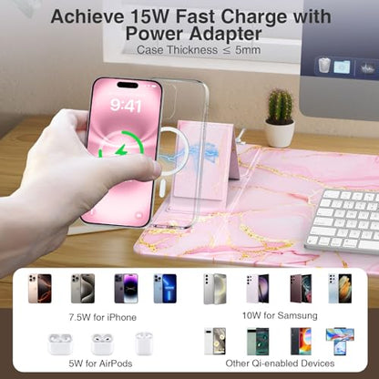 Wireless Charging Mouse Pad with Phone Holder, 31.5"x15.8" in, Pink Marble - color: Pink Marble-Phone Holder-31.5"x15.8"