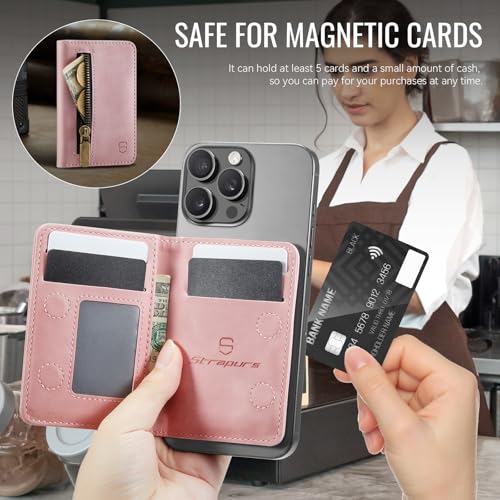 Strapurs Magnetic Card Holder Compatible with MagSafe Phones and Cases, PU Leather Slim Phone Wallet for iPhone 17/16/15/14/13/12/Pro/Max/Plus/Air, 4 Card Slots RFID Blocking with Zipper Pocket - Pink - color: Pink