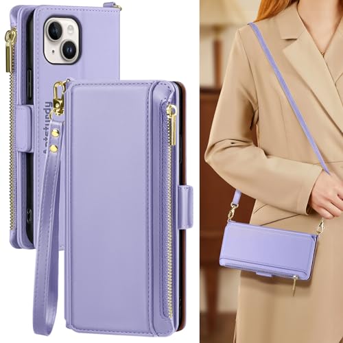 Antsturdy Crossbody Phone Wallet Case for iPhone 14 Plus,Light Purple | RFID Blocking,PU Leather Flip Cover,Kickstand,with Credit Card Holder,Wrist Strap Lanyard & Handbag Purse,for Women & Men - color: (Crossbody) - Light Purple