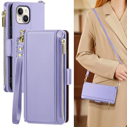 Antsturdy Crossbody Phone Wallet Case for iPhone 14 Plus,Light Purple | RFID Blocking,PU Leather Flip Cover,Kickstand,with Credit Card Holder,Wrist Strap Lanyard & Handbag Purse,for Women & Men - color: (Crossbody) - Light Purple