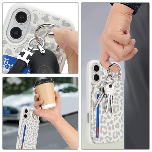 Ｈａｖａｙａ for iPhone 16 case with Card Holder iPhone 16 case Wallet with Keychain Ring and Stand PU Leather Phone case-White Leopard Print - color: C+White leopard print