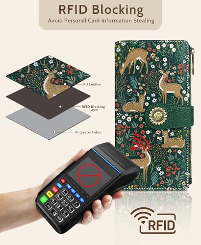 GIANCOMICS Cute Womens Wallet RFID, Flower Forest Credit Card Holder Bifold | Billfold, Cute Cash Purse, Travel Zipper Coin Pocket, Compact Clutch, PU Leather, ID Window, 11 Card Slots, Ladies Gift Woman - color: Cute Deer