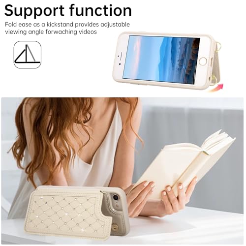 for iPhone 7/8/SE 2022/SE 2020 Wallet Case with Card Holder Slots and Strap, RFID Blocking Magnetic Flip Folio Cover, Crossbody Purse Protection Case with Kickstand,Beige Diamond - color: Beige Diamond, size: iPhone 7/8/SE 2022/SE 2020(6.6")