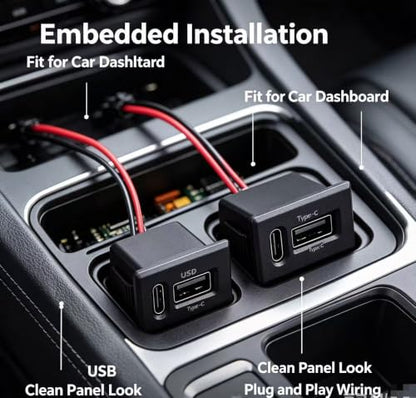 2 Pack Flush Mount USB & Type-C Car Charger Socket