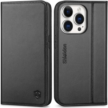 SHIELDON Genuine Leather Wallet Case for iPhone 14 Pro 6.1" 2022, Black | Magnetic Closure, RFID Blocking, Credit Card Holder, Kickstand, Folio Book Design, Shockproof Phone Cover - color: Black