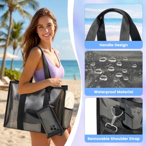 3-Piece Iridescent Beach Bag Set for Women, Large PVC Pool Bag Set | Includes Summer Beach Tote, Cosmetic Bag and Touchscreen Phone Pouch for Pool, Travel and Vacation - color: Black