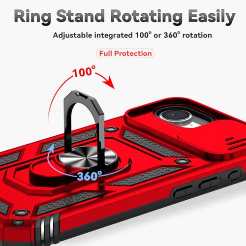 for iPhone 17E / iPhone 16E Case, with Camera Lens Cover HD Screen Protector, Dual Layer Military-Grade Drop Tested Magnetic Ring Holder Kickstand Protective Phone Case for iPhone 16E / 17E (Red) - color: Red with camera cover Military-Grade 2nd gen