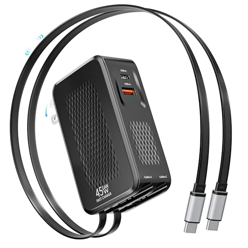 Retractable Charger USB C Charging,45W Retractable iPhone 17 16 Charger Wall Plug,4 in 1 Foldable Plug with Dual USB C Cable Ultra-Compact Travel Charging for iPhone Air/17/17Pro/17 Pro Max/16/15,iPad