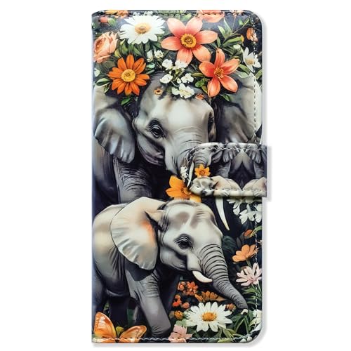 Bcov Case for Galaxy S25 FE,Elephant Mother Baby Flowers Leather Flip Phone Case Wallet Cover with Card Slot Holder Kickstand for Samsung Galaxy S25 FE - color: Elephant Mother Baby Flowers