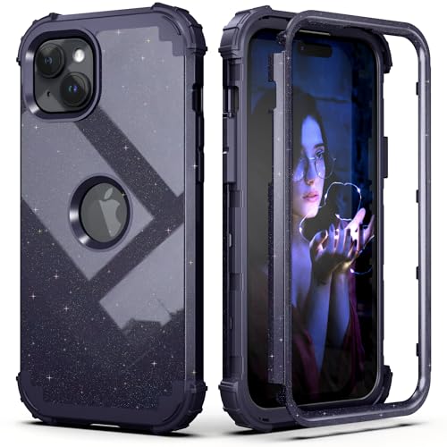IDweel for iPhone 15 Case with Screen Protector,Luxury 3 in 1 Shockproof Slim Fit Hybrid Heavy Duty Protection Glitter Hard PC Cover Soft Silicone Sturdy Bumper Full Body Case,Glitter Navy Blue - color: Glitter Navy Blue