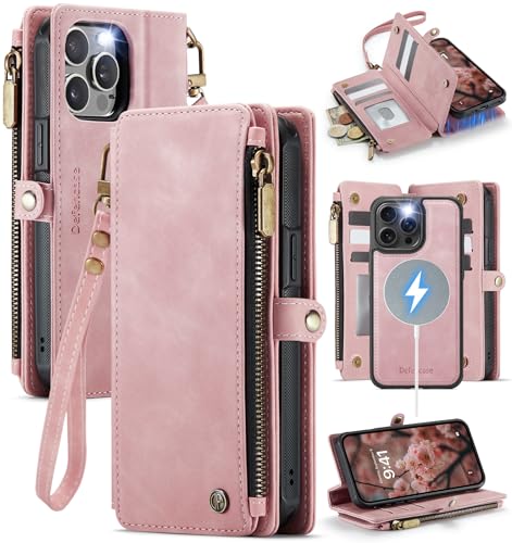 Defencase for iPhone 13 Pro Case Wallet Compatible with Magsafe, Rose Pink | Drop-Proof Magnetic Detachable Phone Cases Cover, with RFID Bolcking Card Holder, Zipper Strap, PU Leather, Removable Wallet - color: (Detachable with Magsafe)-Pink