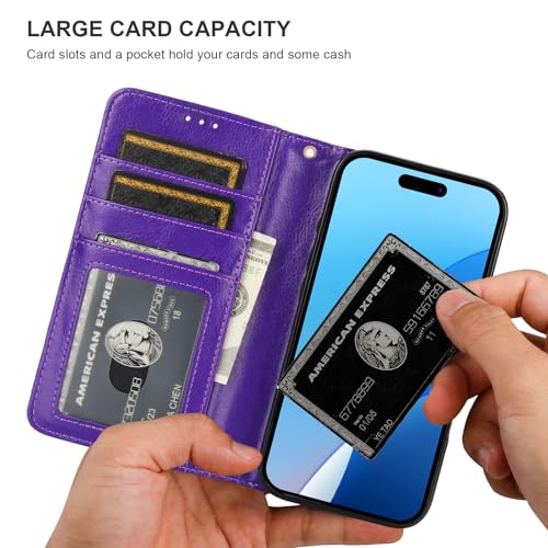 Bocasal Detachable Wallet Case Card Holder for iPhone 16, Purple | RFID Blocking Kickstand Card Slots Holder PU Leather Magnetic Shockproof Wrist Strap Removable Flip Protective Cover 6.1 inch - color: Purple