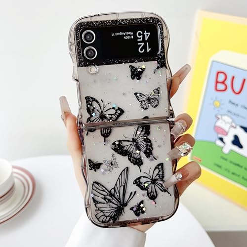 UEEBAI Wave Butterfly Case for Samsung Galaxy Z Flip 3/Z Flip 4 5G Case, Pretty Bling Star Butterfly Cute Shiny Glitter Phone Cover for Girls Bling Clear Cover Curly Shockproof Girly - Black - color: Black, size: Z Flip 3/Z Flip 4 5G