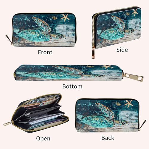 Ladies Wallet,Clutch Purses for Women Wallets Leather Credit Card Holder for Women Wristlet Slim Small Cute with Zipper,Thin RFID Blocking with Wrist Strap,Wood Sea Turtle - color: Wood Sea Turtle