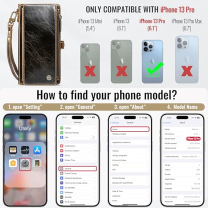 Defencase for iPhone 13 Pro Wallet Case with RFID Card Holder, Coffee | Durable Soft PU Leather, with Zipper Pocket, Wrist Strap, Fashion Snap Flip Phone Cases Cover with Stand for Women and Men - color: Coffee