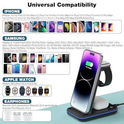 Wireless Charger for iPhone, Foldable 3 in 1 Fast Charging Station/Stand/Multi Charger for iPhone15 14 13 12 11/Xs/XR/X/8, Travel Pad for Apple Watch S8/Ultra/7/6/5/4/3/2/SE, Airpods 2/3/Pro/Pro 2