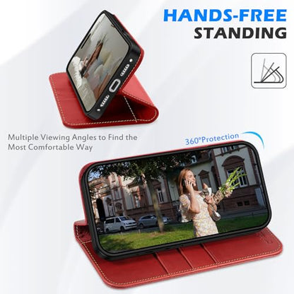 SHIELDON Genuine Leather Case Wallet for iPhone 17 Pro 6.3" 2025, Retro Red | Flip Magnetic Cover, RFID Blocking, Credit Card Holder, Kickstand, Book Design, Full Protection, Shockproof Phone Shell - color: Retro Red