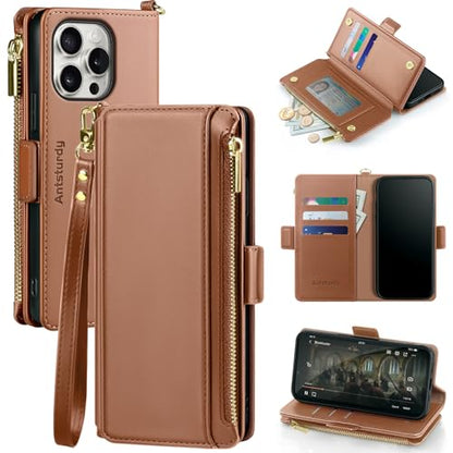 Antsturdy for iPhone 14 Pro Phone Wallet Case Women,Light Brown | RFID Blocking,with Credit Card Holder Slots,PU Leather Purse,Zipper Pocket,Wrist Strap Kickstand,Flip Folio Cover for Men - color: Light Brown