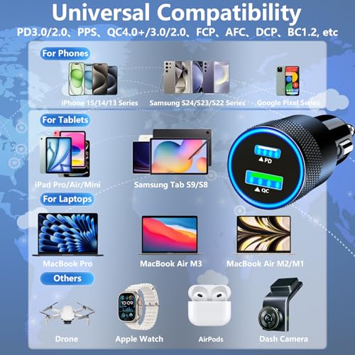 Apple MFi Certified iPhone Car Charger, 52.5W PD/QC3.0 USB-C Car Charger - color: Charcoal Black