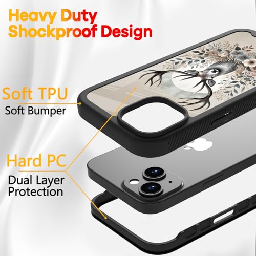 Compatible with iPhone 14 / iPhone 13 Case – Rugged Full-Body Protective Cover for Women Men Dual Layer Shockproof Bumper, Heavy-Duty Phone Case - Deer Flower Moon 100 - color: Deer Flower Moon 100