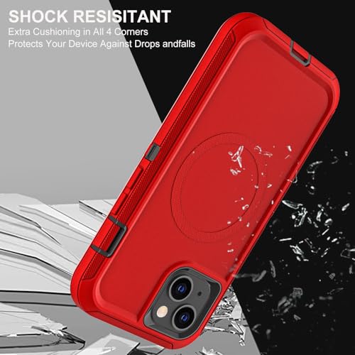 YKHJKLEC for iPhone 15 Case, Compatible with Magsafe, Military Grade 3 in 1 Heavy Duty Shockproof/Drop Proof/Dust Proof Case with 2Pcs Tempered Glass Screen Protector (New-Red/Black) - color: New-Red/Black