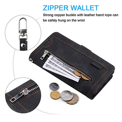 EYZUTAK Wallet Phone Case for Samsung Galaxy A17 5G/A26 5G, Retro Matte 9 Card Holder Slots Zipper Pocket Handbag Case PU Leather Magnetic Closure Kickstand with Wrist Strap Flip Purse Cover - Black - color: Black, size: Samsung Galaxy A17 5G/A26 5G