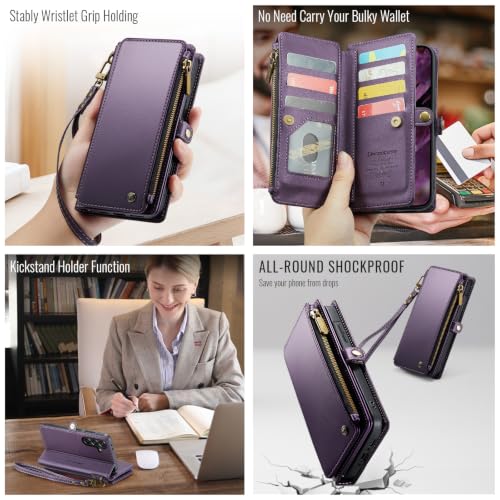 Defencase for Samsung Galaxy A37 5G Wallet Case with Card Holder, Purple | RFID Blocking, Zipper Pocket, Durable PU Leather, Wrist Strap, Fashion Snap Flip Phone Cases Cover with Stand for Women Men - color: Purple