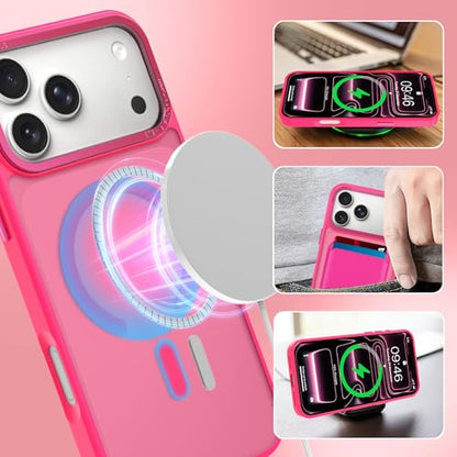 Magnetic Designed for iPhone 17 Pro Case 6.3" 2025, Hot Pink | [Compatible with Magsafe] [with Wallet & Card Holder] [Military Drop Protection] Slim Translucent Matte Phone Case - color: Hot Pink, size: iPhone 17 Pro
