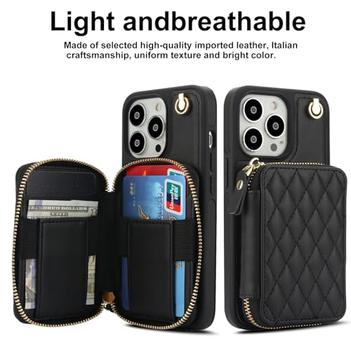 Phone Case for iPhone 14 Pro 6.1 inch Wallet Cell Cover with Tempered Glass Screen Protector Wrist Crossbody Strap RFID Blocking Card Holder iPhone14Pro 5G i i-Phone i14 iPhone14 4 14Pro Women Black - color: Black