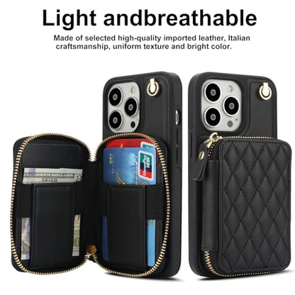 Phone Case for iPhone 14 Pro 6.1 inch Wallet Cell Cover with Tempered Glass Screen Protector Wrist Crossbody Strap RFID Blocking Card Holder iPhone14Pro 5G i i-Phone i14 iPhone14 4 14Pro Women Black - color: Black