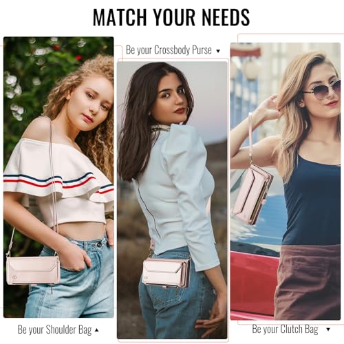 Strapurs Crossbody Wallet Case Compatible with Samsung Galaxy Z Fold 5 with RFID Blocking Card Holder & Pen Holder Slot Soft PU Leather Shoulder Strap Zipper Pocket Purse Fold 5 Phone Case, Rose Gold | RFID Blocking 5-Card Holder, Shoulder Lanyard, Wirst