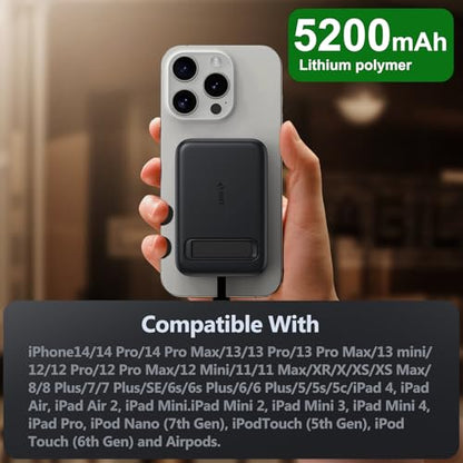 iOS Mini Portable Charger, 5000 mAh Charger Power Bank Slim Small Chargers with Built-in Cable, Travel Battery Pack for iPhone 14/13/12/11 Pro/Pro Max/Plus/Mini/AirPods - color: Light Black