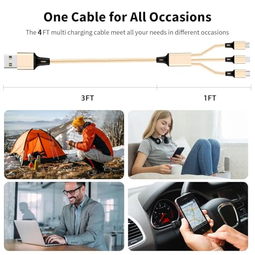 Multi Charging Cable, 3 in 1 USB Cable, Gold - color: Gold