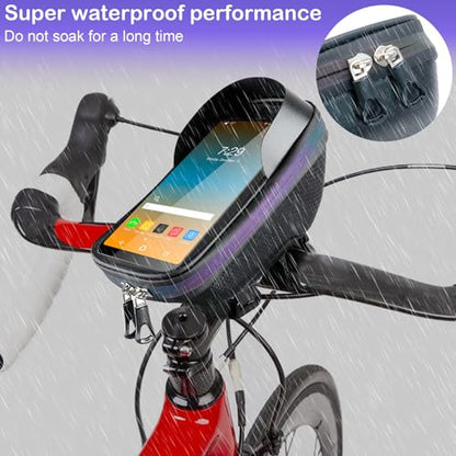 Bike Phone Holder, Bicycle Front Frame Handlebar Bag EVA Hard Shell Waterproof Bike Accessories with Touch-Screen and Rain Cover for Phones under 6.9''