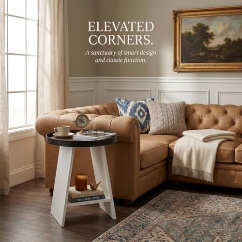 2-Tier Round End Table with 17.7 inch Tray Top, White - color: White