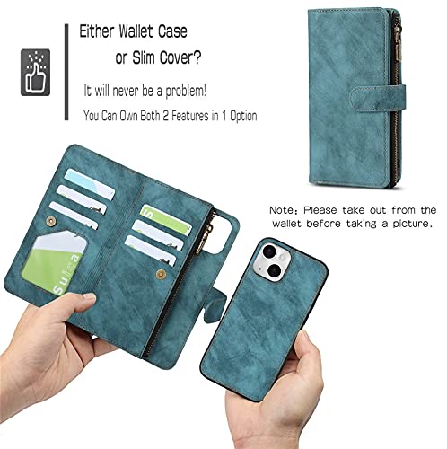 iCoverCase Compatible with iPhone 13 Wallet Phone Case with Card Holder, PU Leather Zipper Pocket Magnetic Detachable Flip Case with Wrist Strap (Blue) - color: Detachable--Blue
