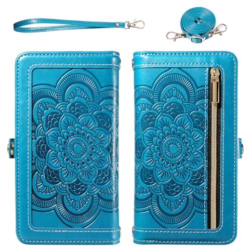 Asuwish Phone Case for iPhone 15 Pro 6.1 inch Zipper Wallet Magnetic Detachable Cell Cover with Tempered Glass Screen Protector Crossbody Strap Flower Credit Card Holder i Phone15 i15 15Pro Women Blue - color: Blue