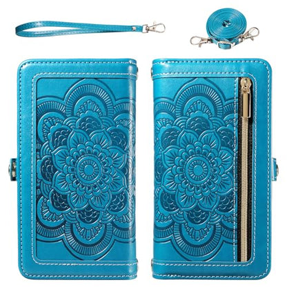 Asuwish Phone Case for iPhone 15 Pro 6.1 inch Zipper Wallet Magnetic Detachable Cell Cover with Tempered Glass Screen Protector Crossbody Strap Flower Credit Card Holder i Phone15 i15 15Pro Women Blue - color: Blue