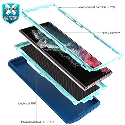 YmhxcY for S22 Ultra Case, Drop Proof 3-Layer Durable Cover/Shockproof Armor Drop Protection/Solid Rubber Protective Matte Cover for Galaxy S22 Ultra 6.8”-Blue Green/Light Green - color: Blue green and Light green