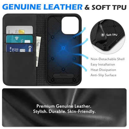 SHIELDON Genuine Leather Wallet Case for iPhone 16 Pro Max 6.9" 2024, Black | Flip Magnetic Cover, Kickstand, RFID Blocking, 3 Credit Card Holder, Book Design, Shockproof, Soft Inner Phone Case - color: Black