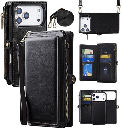 for iPhone 17 Pro Wallet Case, [Compatible with Magsafe] [Magnetic Detachable] [RFID Blocking] PU Leather Case with Card Holder & Crossbody Strap for Women Men, Black - color: Black