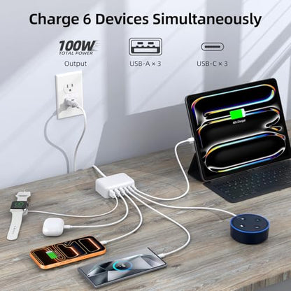 100W 6 in 1 USB Charger, 50% Smaller Charging Station for Multiple Devices - color: A-White