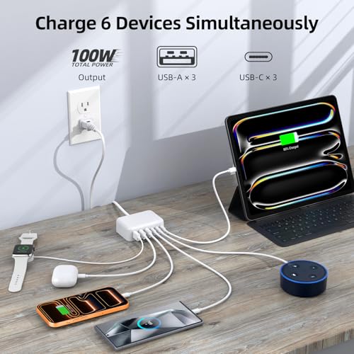 100W 6 in 1 USB Charger, 50% Smaller Charging Station for Multiple Devices - color: A-White
