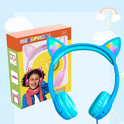 Olyre Kids Wired Headphones LED Light-Up Cat Ears Headset, Dual Audio Jack - color: Blue